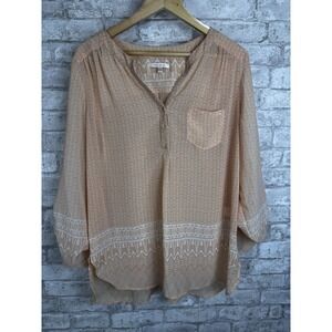 Skies are Blue Popover Top Size XL Semi Sheer Roll Tab Sleeve Peach White‎ Flowy
